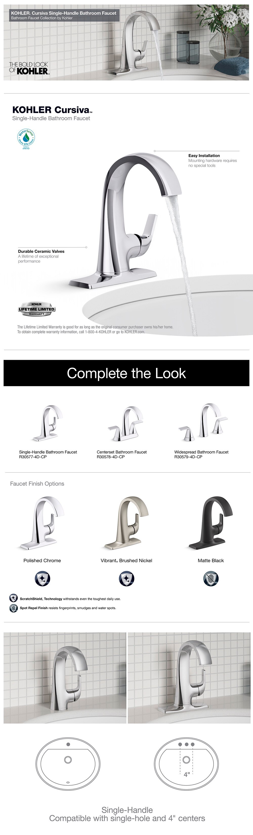 KOHLER Cursiva Single Hole SingleHandle Bathroom Faucet in Matte Black